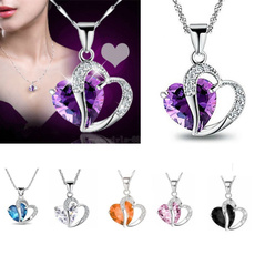 1PCS Womens 925 Sterling Silver Plated Necklace Chain Amethyst Crystal Heart Pendant,Gift,Cute