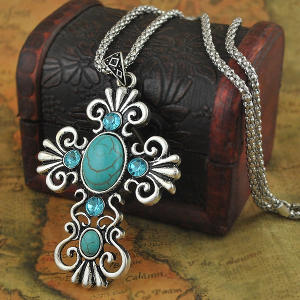 Hot Sale Vintage Silver Turquoise Cross 