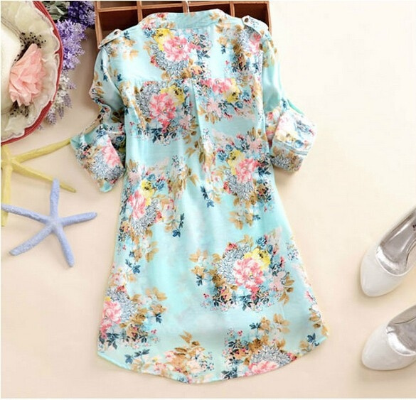 v-neck chiffon blouse women's long sleeve flower printed shirt women ...