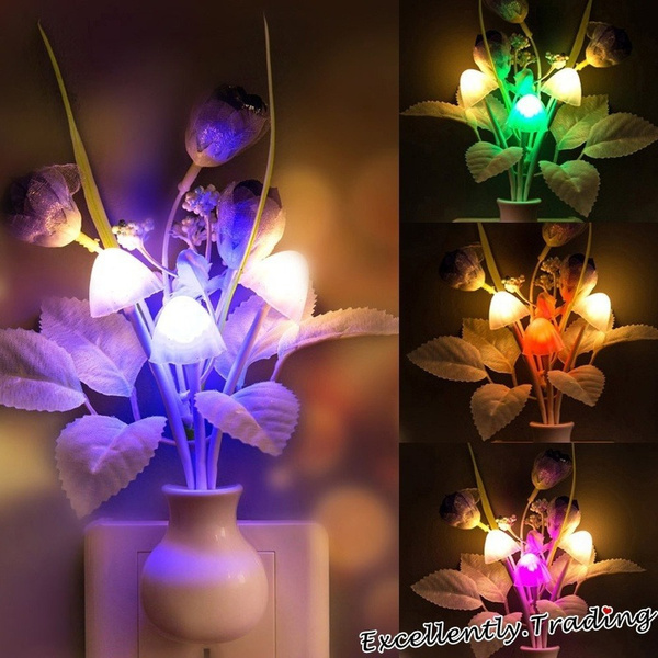 Romantic US Plug Flower Mushroom LED Night Light Sensor Baby Bed Room Lamp Decor 