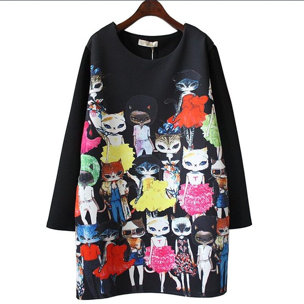 Plus Size M-4XL Women Cat Print Dresses Winter Casual Loose Long