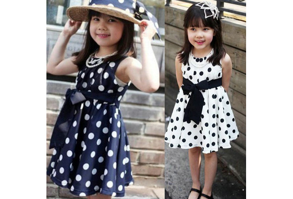 Girls Kids Polka Dot Chiffion Sundress Bowknot Belt Dress Toddler Tunic Skirts B 