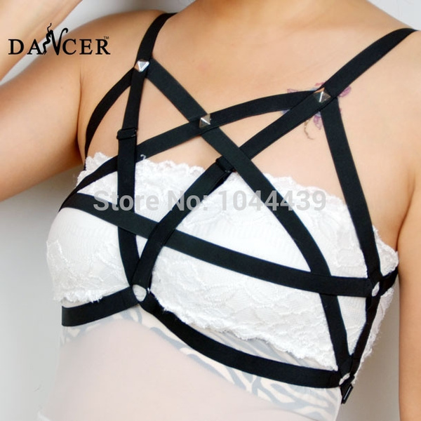 punk rave Pentagram Harness black cage bra goth harness top