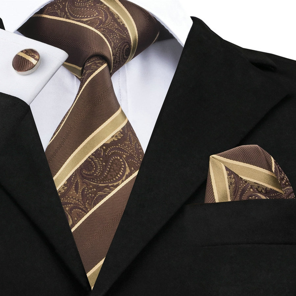 Brown Gold Stripes Jacquard Necktie Hanky Cufflink Set