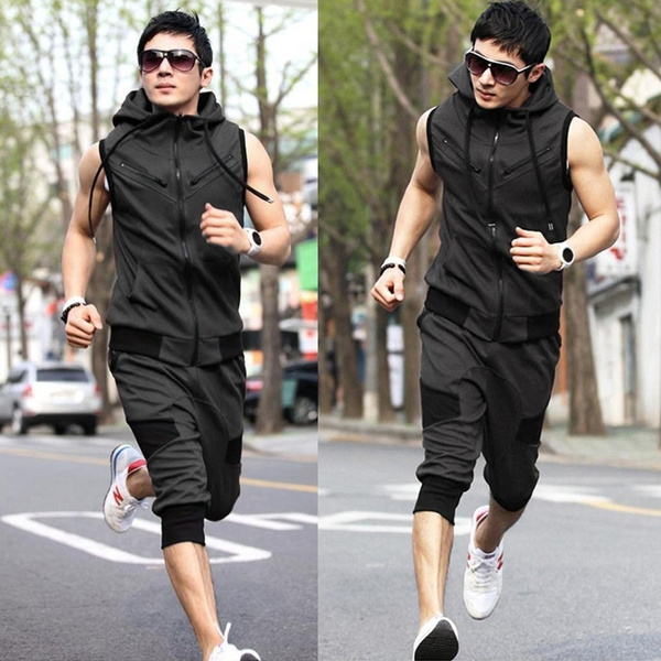 summer men s suit color matching sports sleeveless hoodie Wish