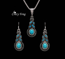 Women Silver Plated Crystal Pendant Necklace Earrings Set Round Turquoise Jewelry 