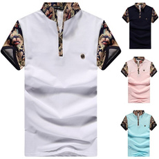 summer men's polo shirt fashion color matching pattern stand collar short sleeve T-shirt