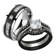 His & Her 4pc Black & Silver Stainless Steel & Titanium Wedding Ring Band Set