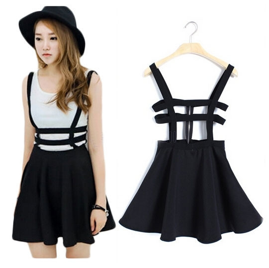 Girl s Cute Overall Bandage Skirt with Suspenders Skater Skirts Womens Pleated Braces Zipper Hollow Out Black Suspender Skirt Wish