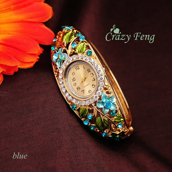 Gold Plated Watches Crystal Flower Women Bangle Dress Quartz Watch ...