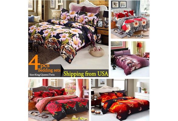 4pcs 3D Tiger Lily Bedding Set Bedclothes Duvet Cover Sheet Pillowcases W7E9 