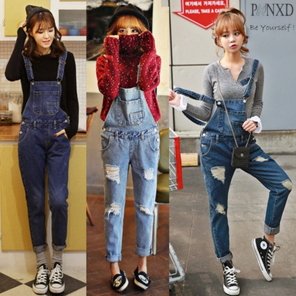 PANXD Korean Style Womens Jumpsuit Denim Overalls Casual Skinny Girls Pants  Blue Jeans 3 colors