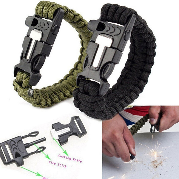 Paracord Survival Bracelet Outdoor Scraper Whistle Flint Fire Starter Gear Kits 