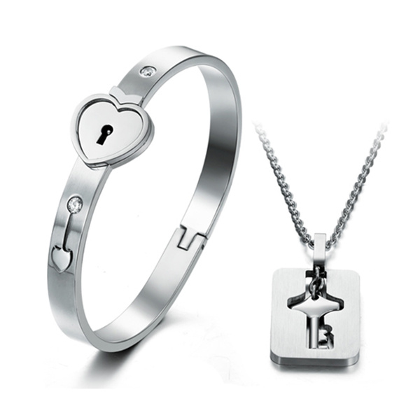 Titanium Steel  Love Heart Lock Bangle Bracelet and Key Pendant Necklace Set 