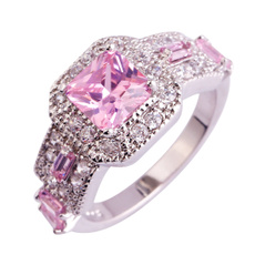 Women's Fashion Jewelry Emerald Cut Pink & White Topaz Gemstone Silver Ring Size 6 7 8 9 10 11 12 13