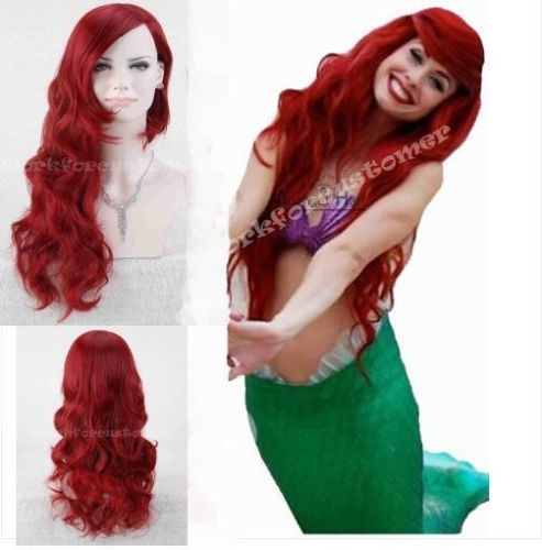 Women s Long Dark Red Little Mermaid Ariel Wig Wavy Cosplay Wig Costume Hair Cap