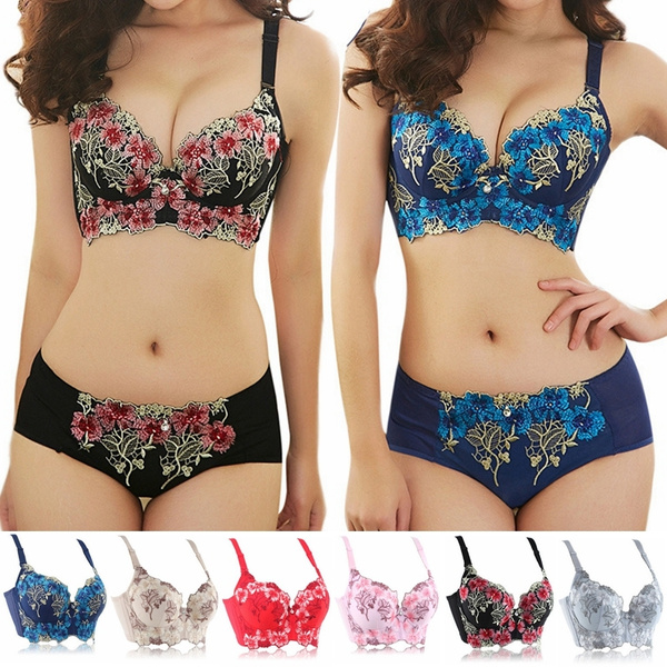 Women Lace Embroidery Underwear Sexy Deep V Push Up Bra and Panty