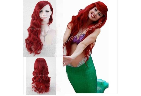 Fashion Women s Long Dark Red Little Mermaid Ariel Wig Wavy