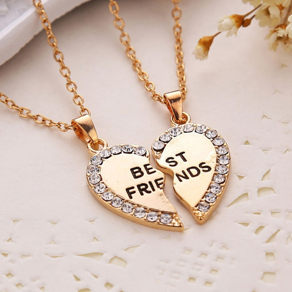 2pcs Crystal Love Heart Pendant Alloy Best Friends Necklace Friendship Gift New