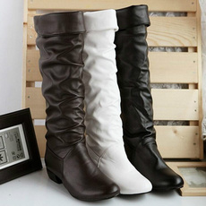 Winter Women Long Boots Fashion Ladies Low Heel Leather Boots (White, Black, Brown)