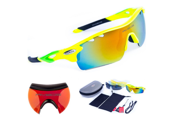 RIVBOS 801 POLARIZED Sports Sunglasses Cycling glasses with 5 Interchangeable Lenses Fluorescent Color outdoor climbing glasses Green Wish