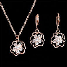 Rose Flower Cubic Zirconia Clear Necklace Earrings Jewelry Set