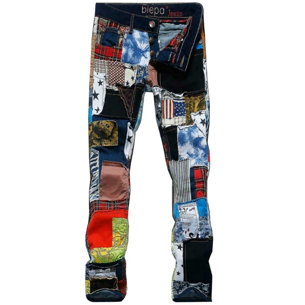 BIEPA® 2015 New Fasion Men Hole Patch Stretch Jeans Colorful Patchwork ...