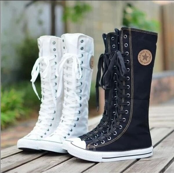Womens Girls Lace Up Canvas Knee High Sneakers Zip Boots Punk Gothic Shoes zhou8
