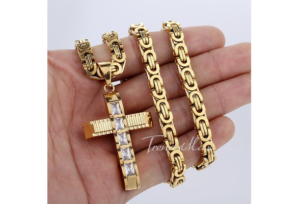 Details about   Men Zircon Cross Pendant Necklace Silver Stainless Steel Byzantine Chain Jewelry