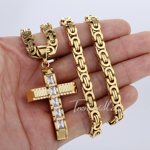 Innovative jewelry 6mm Mens Silver Gold Byzantine Chain Stainless Steel Cross Pendant Necklace,20-34 