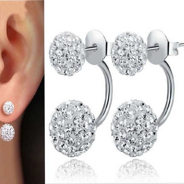 Hot New 925 Sterling Silver Double Beads Crystal Stud Earring Women