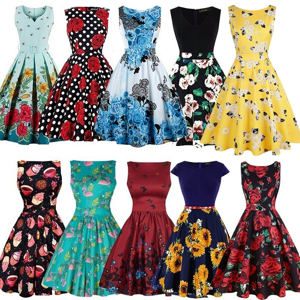 Womens Floral Print Sleeveless 1940s Rockabilly Cocktail Swing Party ...
