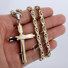 Trendsmax Mens Stainless Steel Cross Pendant Necklace Byzantine Box Chain Silver Gold Black Tone 5mm 18-36inch