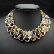Women  Vintage Collar Gold Chain Double Crystal Bead Choker Necklaces & Pendants Statement 