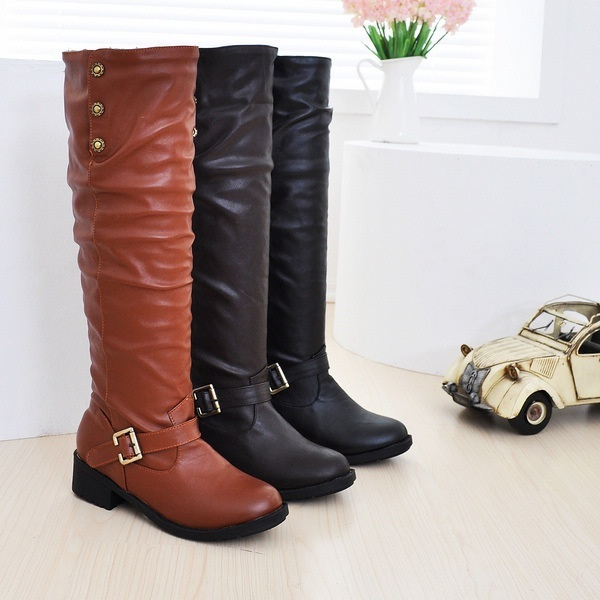 Plus Size 4.5-10.5 Women Casual Knee High Boots Low Heel Leather Boots ...