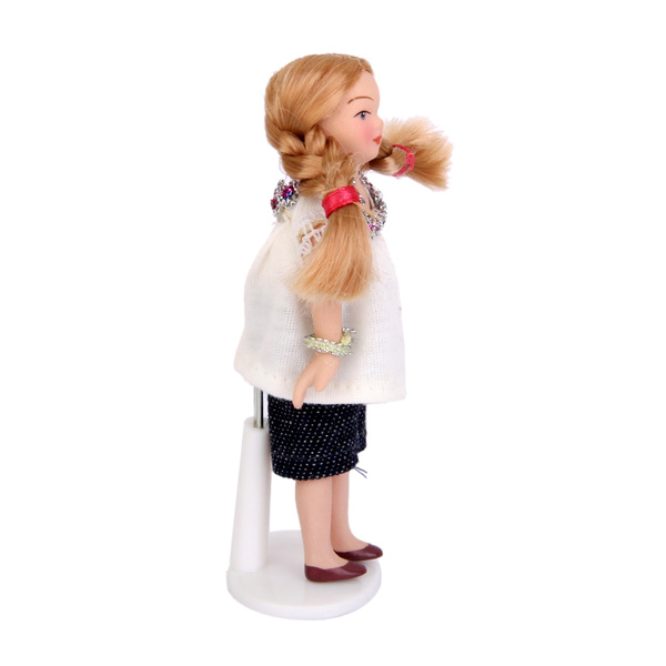 Dollhouse Miniature Porcelain Dolls Brown Hair Little Girl in White T-shirt