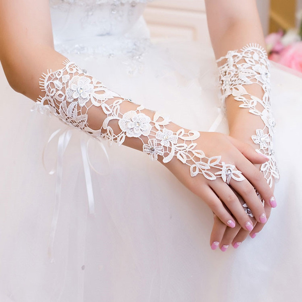 Lace Flower Wedding Party Rhinestones Fingerless Gloves Indoor Decoration Prom