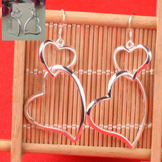 New Fashion 925 Sterling Silver Double Heart Dangle Earrings for Women