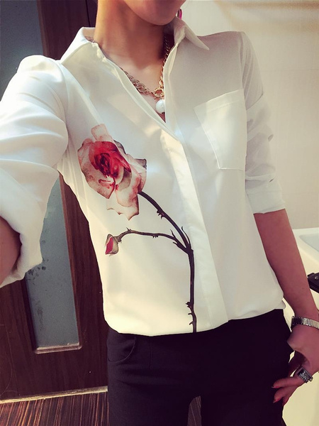 Women Fashion Rose Printed Long-Sleeved Chiffon Blouse | Wish