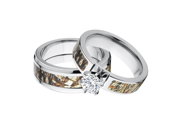 🔥 Black Titanium Camo Band 925 Sterling Silver CZ Wedding Ring Set [His &  Her] | eBay