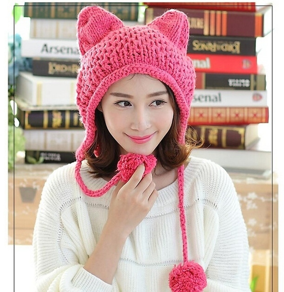 Girls Knitted Beanie Hat With Cute Animal Face & Ears Grey or Cream With Pink 