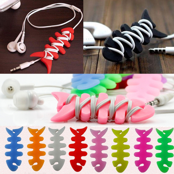 10Pcs FishBone Headphone Silicone Cable Wrap Winder Wire Earphone Cord Holder