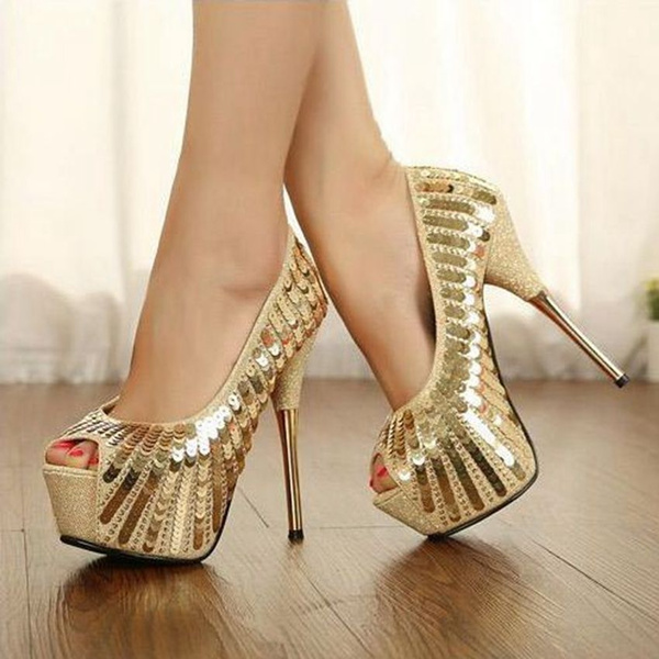 Women's Gold High Heel Open Toe Shoes
