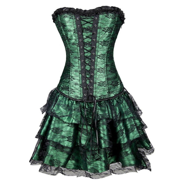 Burvogue Sexy overbust Corset And Bustier dresses Lace Evening Women Casual  steampunk dress waist training corset Gothic Corsets Dress With Skirt