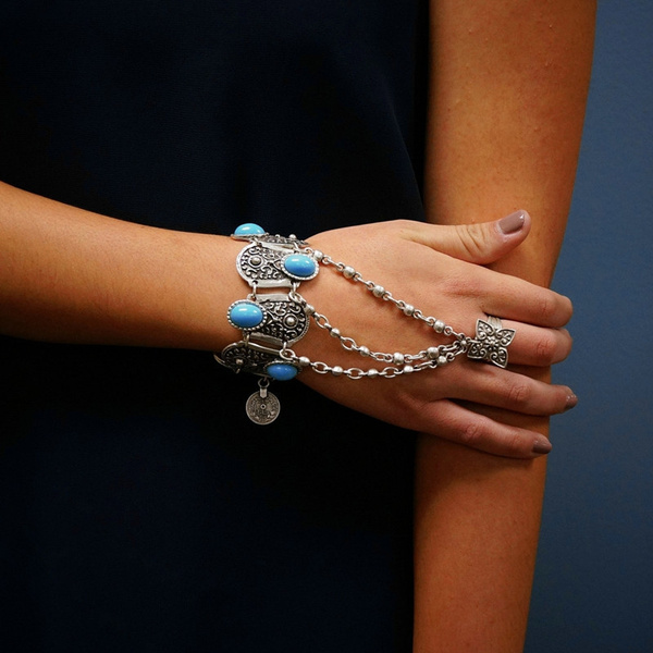 Retro Inlay Blue Resin Beads Pendant Silver Plated Hand Chain Ring Bracelet Retro Inlay Blue Resin Beads Pendant Silver Plated Hand Chain Ring Bracelet