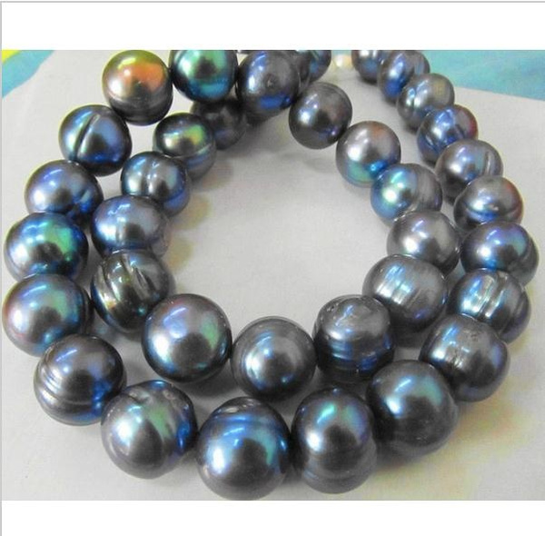 TAHITIAN 12-13MM SOUTH SEA BLACK BLUE PEARL NECKLACE 18inch14k