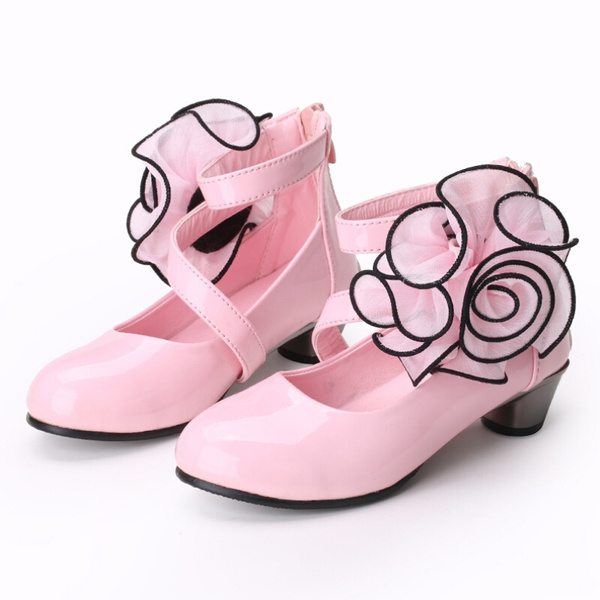 Red Pink Rose Girl PU Leather Shoes For 