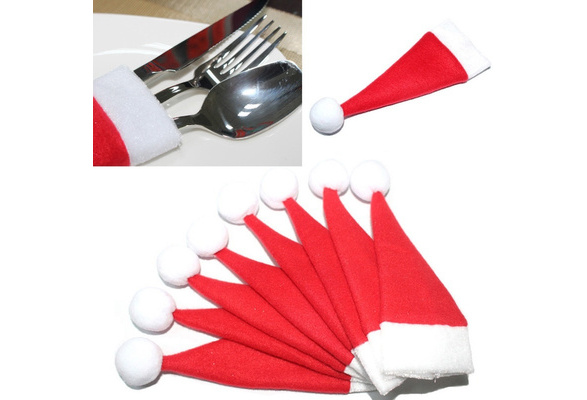 Christmas Hat Silverware Holder Xmas Mini Red Santa Claus Cutlery Bag 10 PCS/Set 