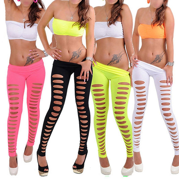 Women Sexy Skinny Candy Color Leggings Stretchy Slim Hole Soft Ripped  Leggings