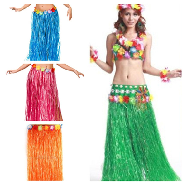 Hawaiian Hula Grass Flower Party Dress Luau Skirt Beach Dance Costume 80cm  Long